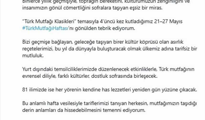 Emine Erdoğan’dan Türk Mutfağı Haftası mesajı: "Gelenekten geleceğe uzanan kıymetli emanet"